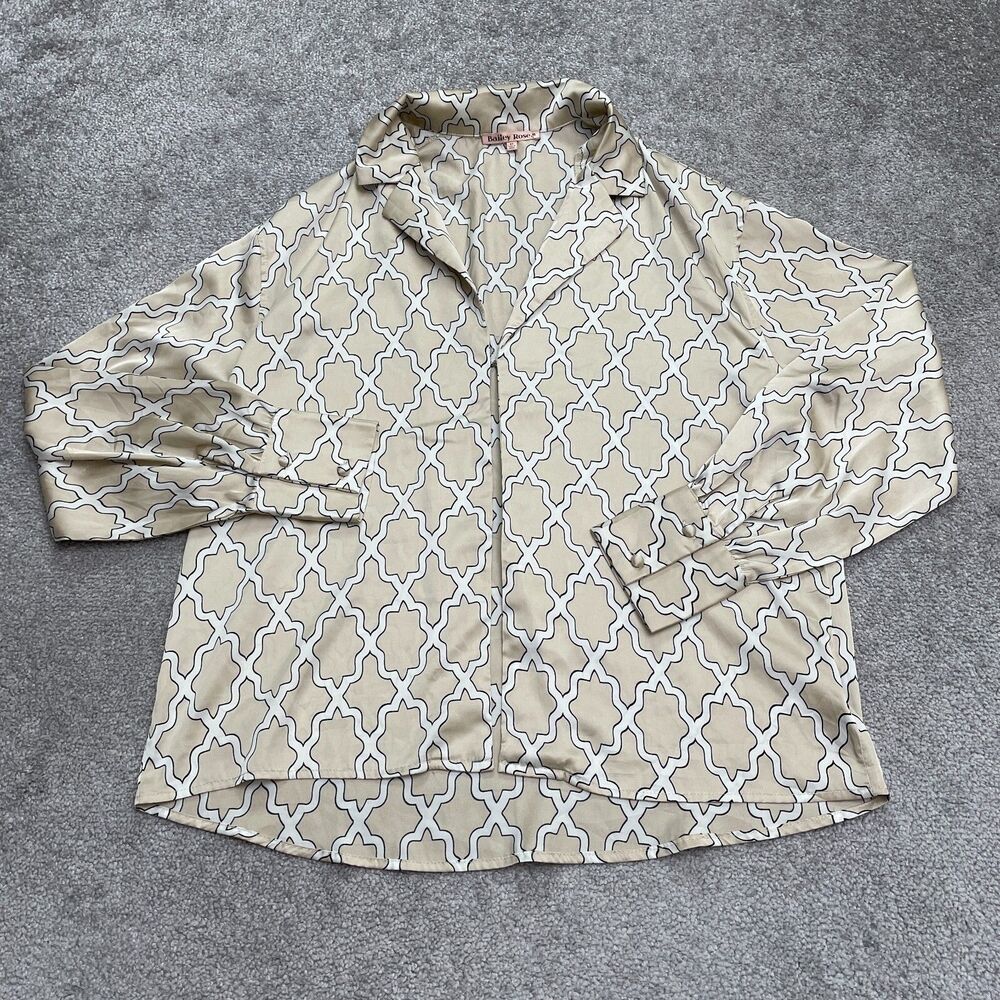 Bailey Rose Satin Blouse Womens XS Brown Geometric Single Fastener Long Sleeve
